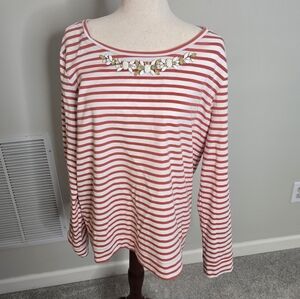 LOFT Striped Burnt Orange and White Long Sleeve Bedazzled Women's Top XL